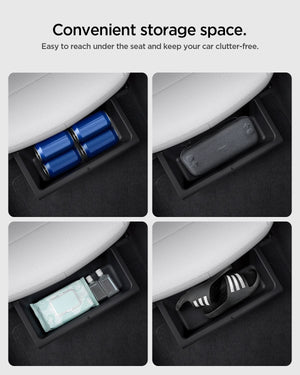 Spigen TO222J convenient hidden storage space below a Tesla Model Y Juniper seat