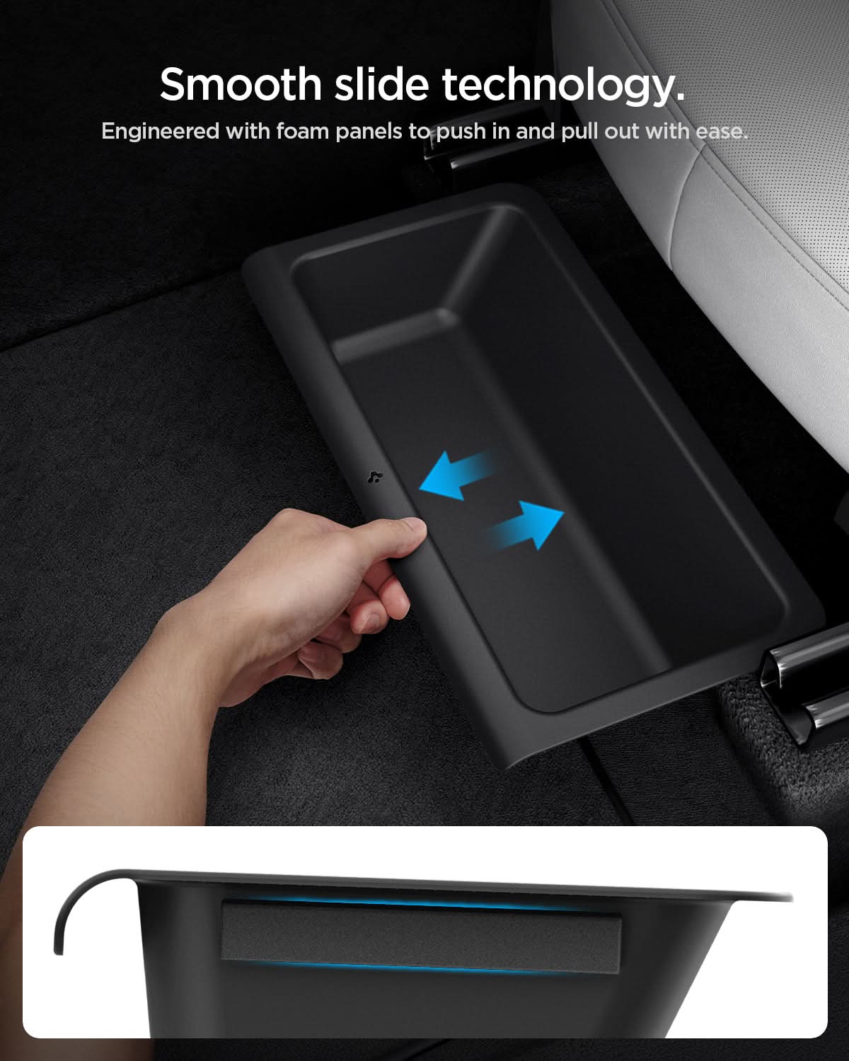 Spigen TO222J foam-panel sliding support detail for quieter underseat access