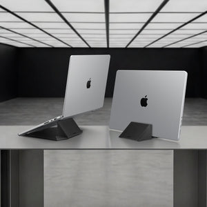 AMP11118 - Slim Fold Laptop Stand | Non-Adhesive | Black LD201-S9 showing one MacBook propped up for use and on the right MacBook vertically mount for storage