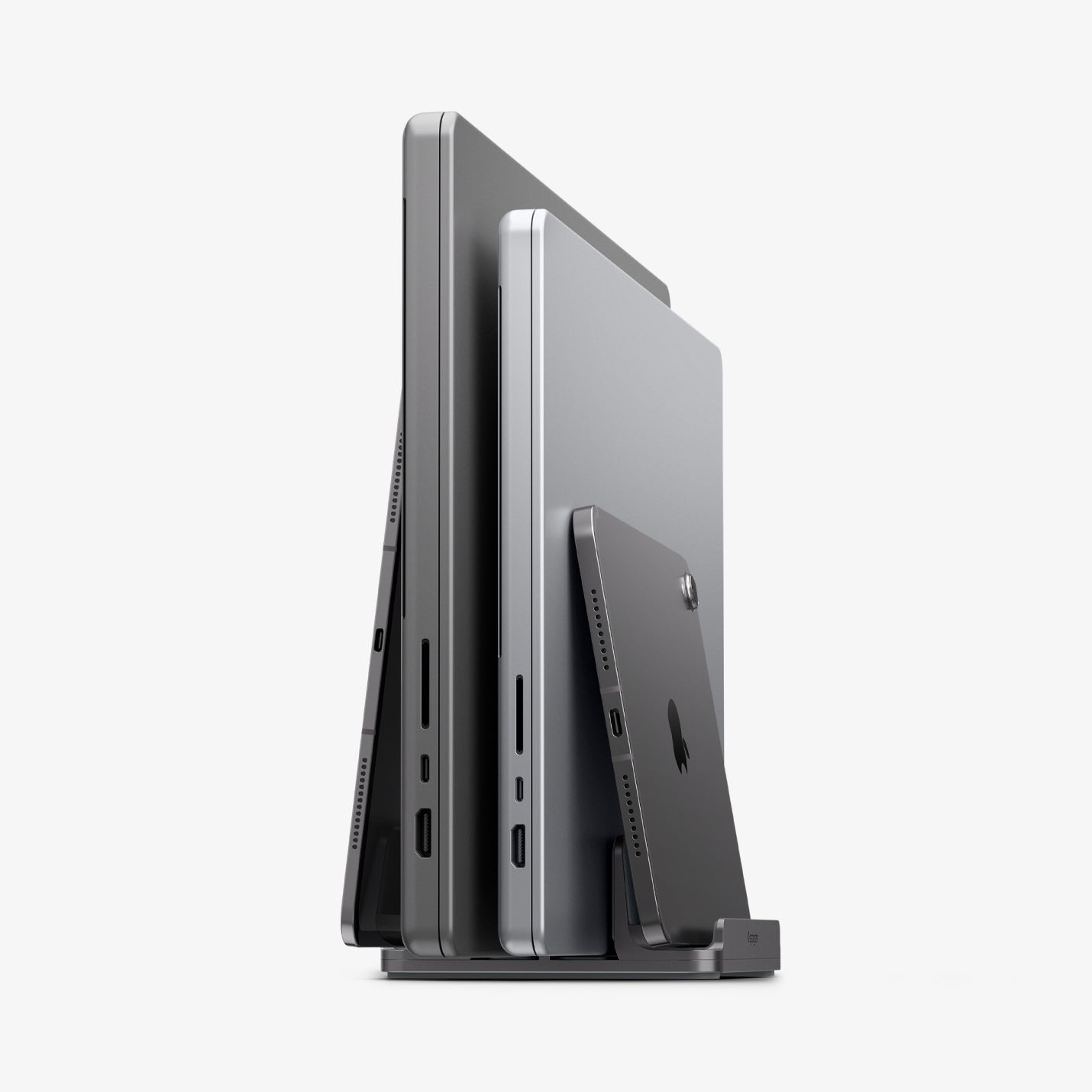 Spigen LD208S4 four-slot vertical laptop stand in Space Gray