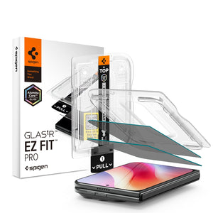 iPhone Duo GLAS.tR EZ Fit Pro | Privacy showing the screen protector, installation tray, packaging, and application components in an exploded product view.