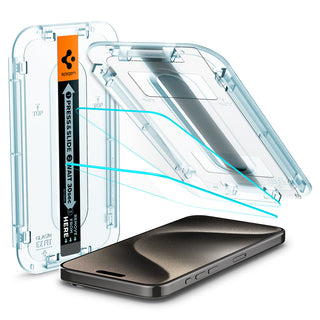 Spigen iPhone 15 Pro Max Screen Protector – GLAS.tR EZ Fit – two tempered glass protectors and EZ Fit trays above the phone