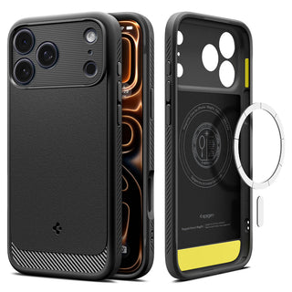 Spigen iPhone 17 Pro Max Case – Rugged Armor (MagFit) - Matte Black - front, back, inner case and MagFit ring views