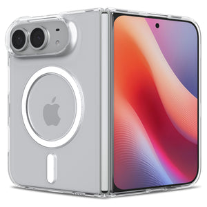 Spigen Air Skin MagFit Clear White case for iPhone Duo – angled rear and outer display views