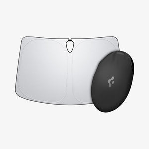 Spigen Tesla Model S CryoShade Windshield Sunshade – white-background product and storage bag