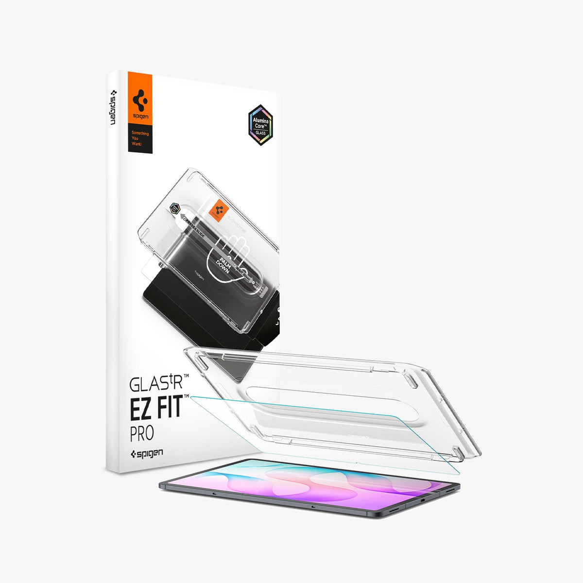 Galaxy Tab S12+ Glas.tR EZ Fit Pro showing GLAS.tR EZ Fit Pro screen protector, installation tray, tablet, and product packaging.