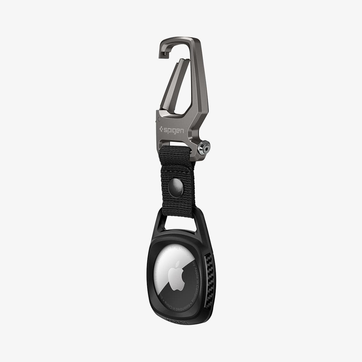 AMP01565 - AirTag Case Rugged Armor showing the front and side with carabiner opened