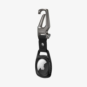 AMP01565 - AirTag Case Rugged Armor showing the front and side with carabiner opened