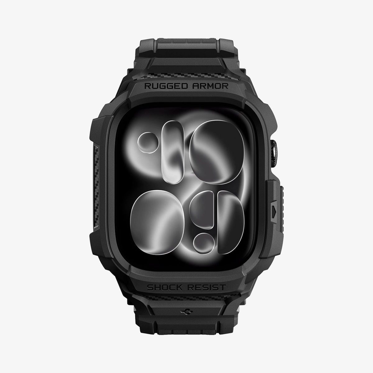 Apple Watch Series 12 (46mm) Case Rugged Armor Pro in Matte Black showing a front view of the rugged protective case and adjustable band with reinforced detailing