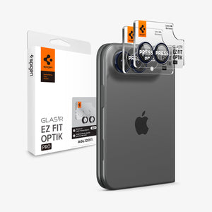 iPhone Duo Optik Pro EZ Fit Lens Protector in Black showing the EZ Fit Optik Pro lens protectors with installation trays and product packaging