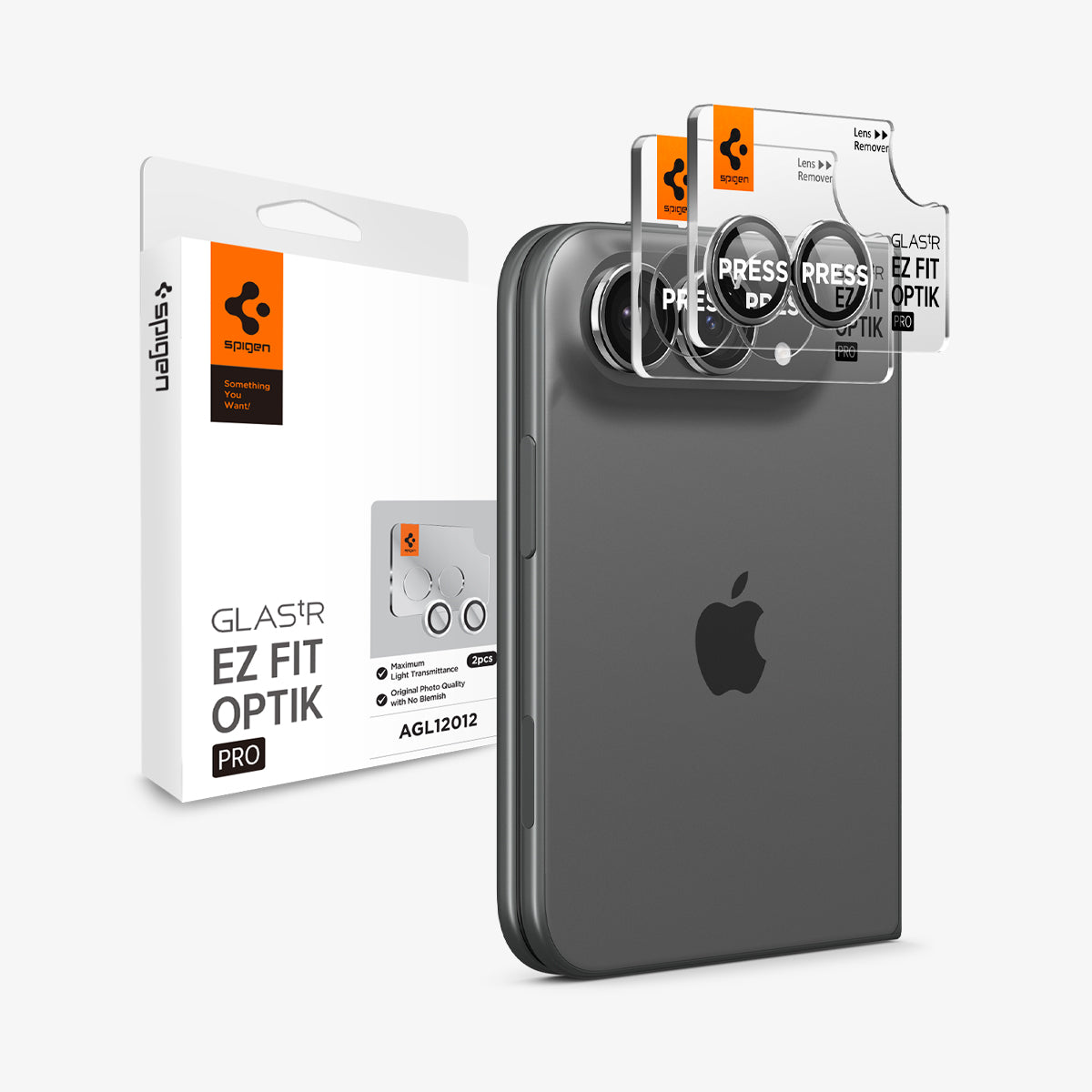 iPhone Duo Optik Pro EZ Fit Lens Protector in White showing the EZ Fit Optik Pro lens protectors with installation trays and product packaging