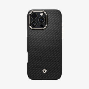 Spigen Enzo Aramid MagFit case in Black Natural for iPhone 16 Pro - rear view