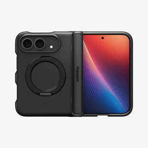 iPhone Duo Slim Armor Pro S (Mag Fit) showing the case fully open with integrated circular kickstand, hinge protection, and raised camera edges