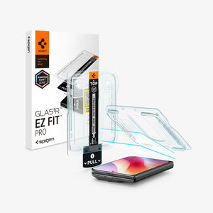 iPhone Duo Glas.tR EZ Fit Pro showing the screen protector, installation tray, packaging, and application components.