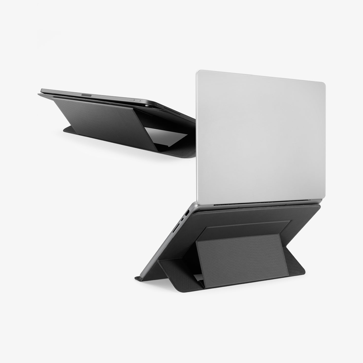 AMP11116 - Slim Fold Laptop Stand | LD201-S7 showing laptop propped up on slim fold laptop stand with two angles