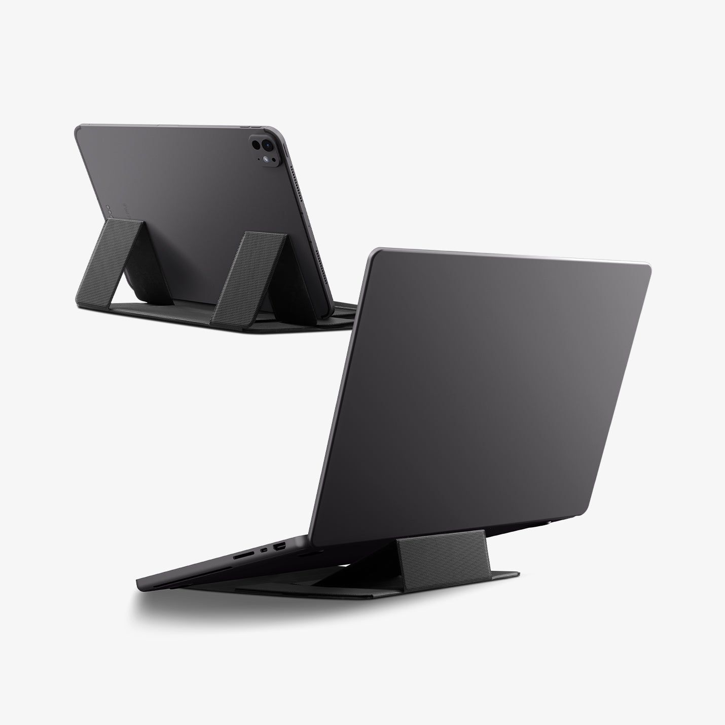 AMP11117 - Slim Fold Laptop Stand | Non-Adhesive | Black LD201-S8 showing back view of the laptop stand with iPad and MacBook laptop propped up showing back legs