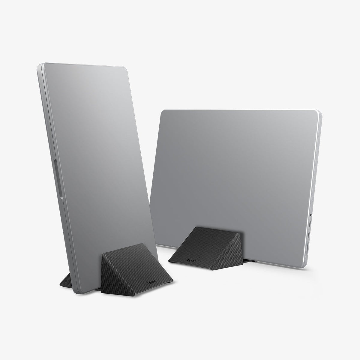 AMP11118 - Slim Fold Laptop Stand | Non-Adhesive | Black LD201-S9 showing Macbook laptop and iPad vertically standing propped up with laptop stand