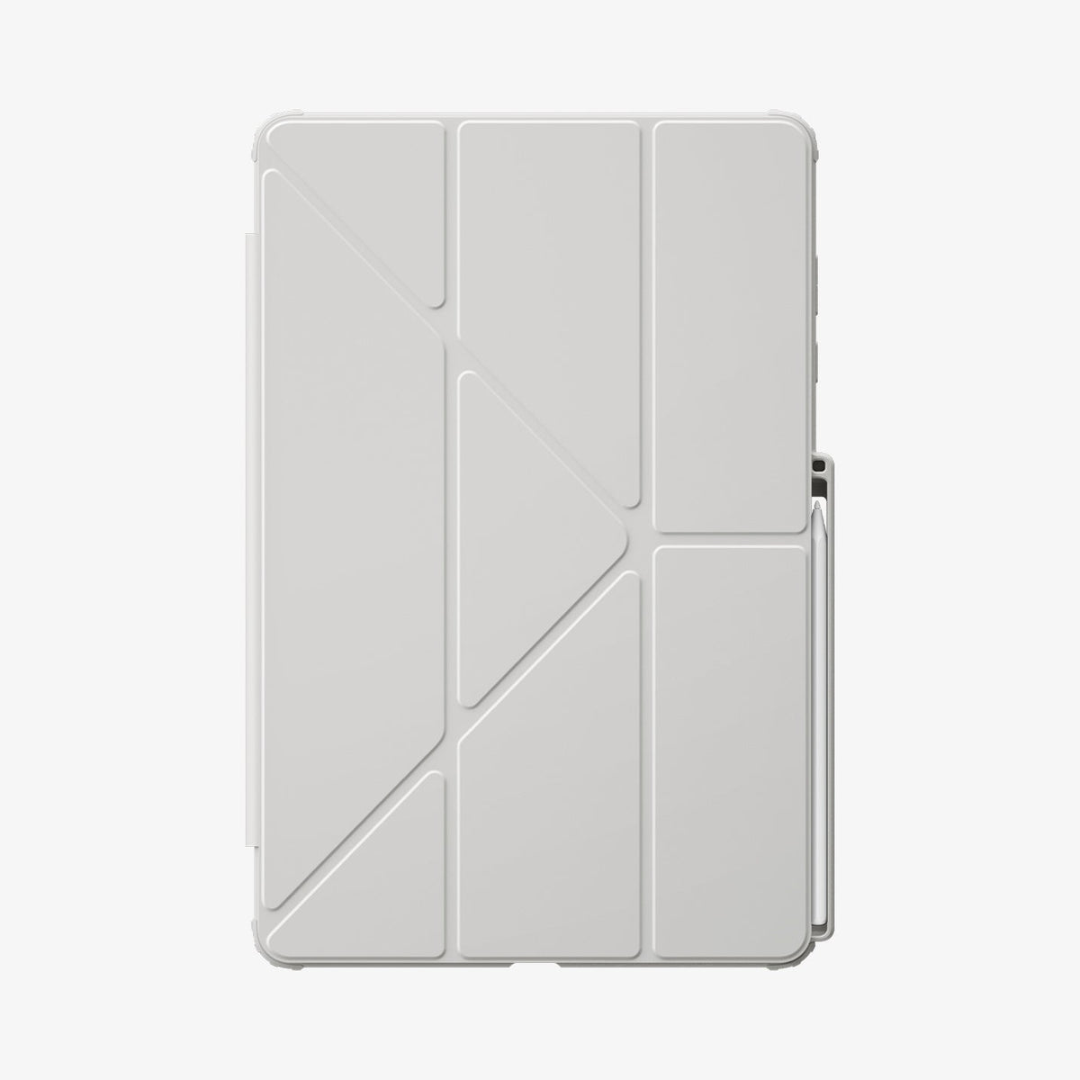 Galaxy Tab S12+ Air Skin Pro in Gray showing the front of a closed folio tablet case with a geometric folding cover and stylus storage along the side.