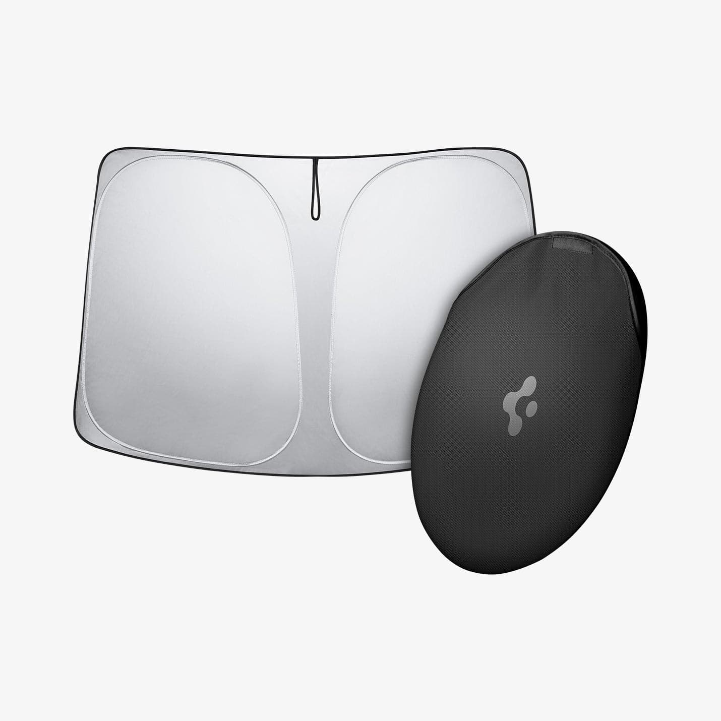 Spigen Tesla Model 3 / Model Y CryoShade Windshield Sunshade – white-background product and storage bag
