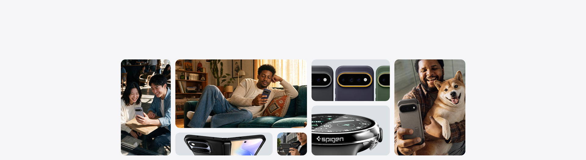 Pixel 11 cases and Pixel Watch shown in a lifestyle collage