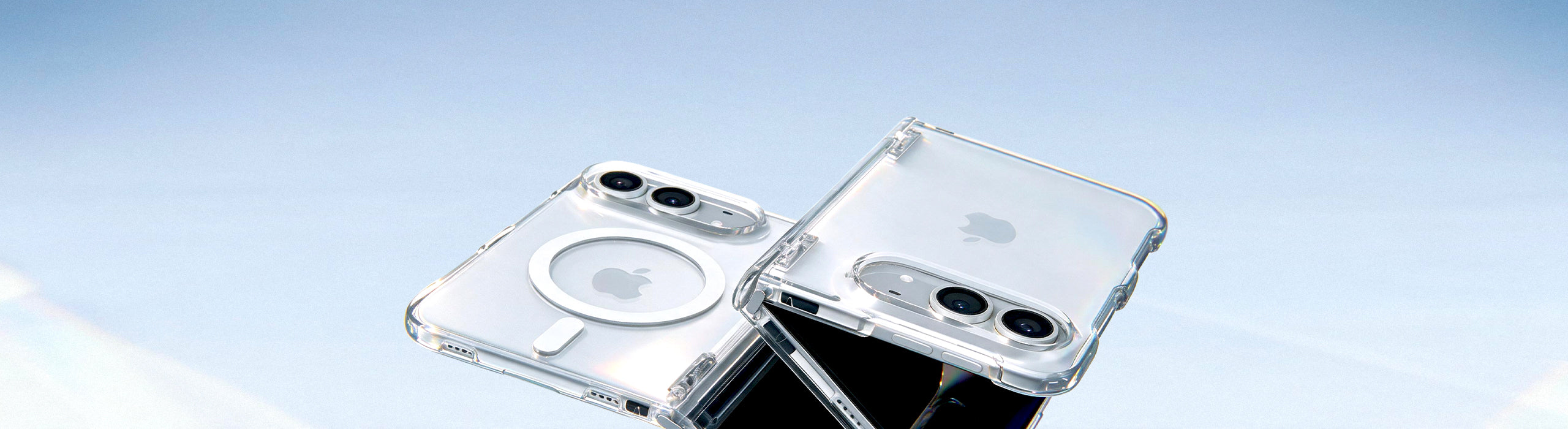 Two iPhone Duo devices in clear Spigen MagFit cases against a blue background